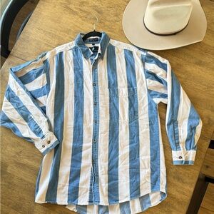 Vintage Western Blue and Cream Striped Men's Shirt